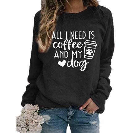 Foreign trade supply all I need is coffee printed crew neck top sweater European size ladies coat long sleeve