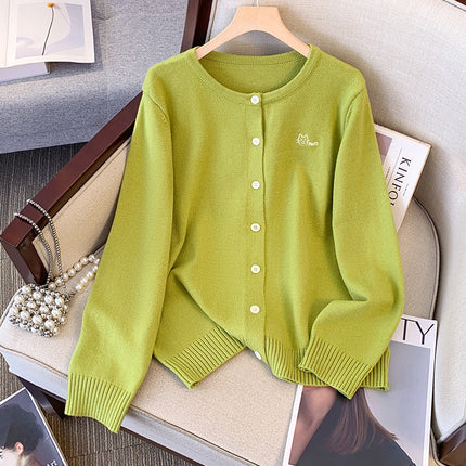 plus size Early Autumn Coat Green Knitted Cardigan Chubby Sister Autumn New Joker Loose Top 9165