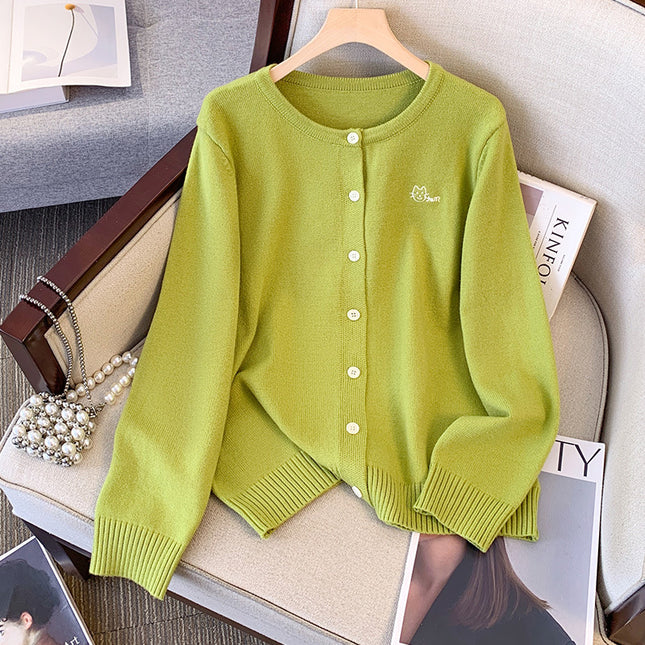 plus size Early Autumn Coat Green Knitted Cardigan Chubby Sister Autumn New Joker Loose Top 9165