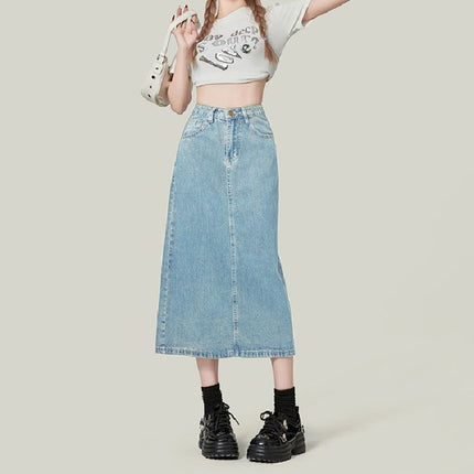 Split Denim Skirt Women's 2025 All-match New Arrival light blue A- Line Skirt Small Slimming Mid-length Hip Skirt