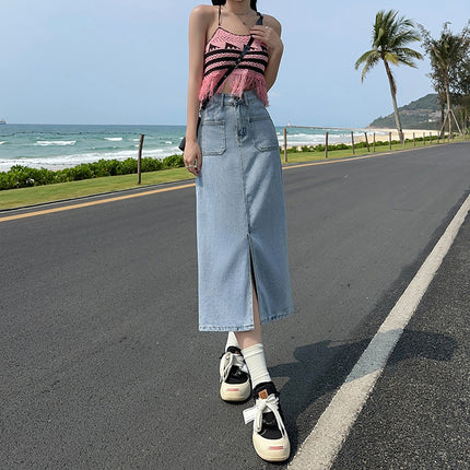 2024 New High-end Denim Skirt Slimming All-match Summer Thin Light Color Soft Denim Front Split Design Skirt