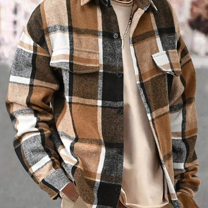 25 Amazon European and American Cross-Border Temu Elegant Lapel Checkered Men's Shirt Retro Brushed Casual Long-Sleeved Jacket