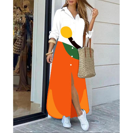 Amazon AliExpress Cross-border Women's New Fashion Long Sleeve Printed Shirt Dress Long dress