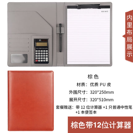 A4 Leather File Clipboard with 8-Digit Calculator Multi-Functional Manager Clip Car 4S Shop Folder to Make Log Storage