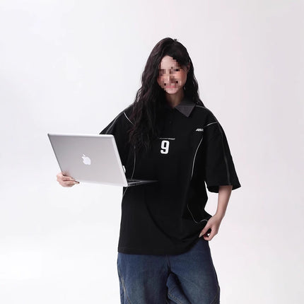 Cross-Border American Trendy Brand Contrasting Letter Polo Shirt Lapel Short-Sleeved T-Shirt Men's 2025 Loose Casual Couple Tops