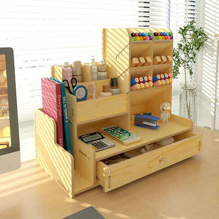 Wooden Pen Holder Storage Box Large Capacity Nordic Creative Fashion Multi-Compartment Pen Holder Office Desktop Storage Shelf