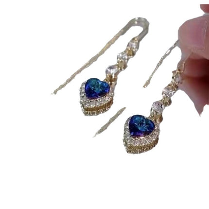 Heart to Heart Blue Crystal Love Ear Line Women's Light Luxury High-end Sense Long Face Slim Elegant All-match Earrings