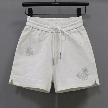 Elastic Waist Shorts Women's Hot Drilling Candy Color Butterfly Denim Wide Leg Pants New Korean Style Slim Look Elastic All-match Hot Pants