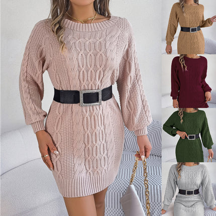 Clearance Sale Real Photos 2024 Autumn/Winter Solid Color Twist Lantern Sleeve Straight Sweater Dress Independent Cross-Border European and American Women's Fashion