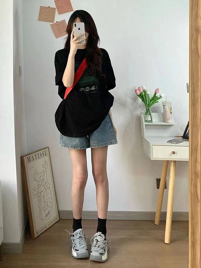 Plus Size High-Waisted Denim Shorts for Women 2025 Summer New Style Fat mm High-Waisted Slimming Look Loose Straight Wide-Leg Mid-Pants