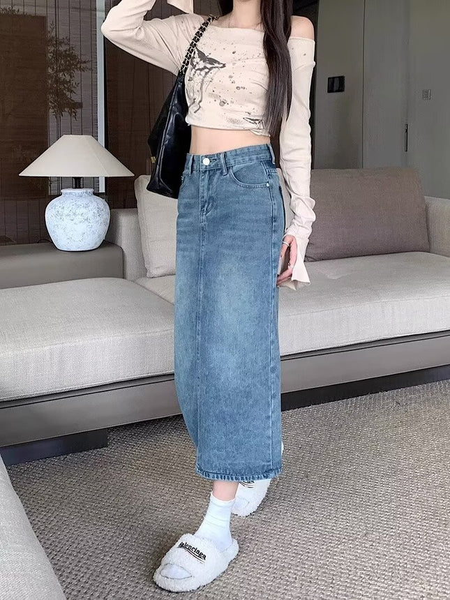 Denim Skirt Women's Autum Korean Style 2024 New Pear-shaped Figure High Waist Slim Mid-length Slit A-line Skirt
