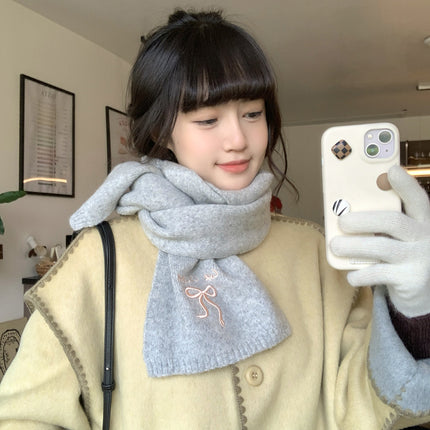 Japanese Style Cute Bow Scarf Winter Women's New Style Atmosphere Cold-proof Warm Neck Knitted Scarf Embroidery