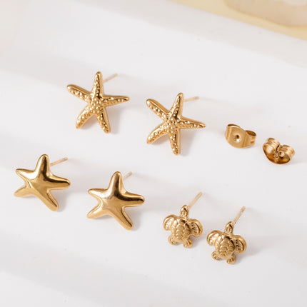 Cross-Border European and American Real Gold Electroplated Titanium Steel Starfish and Turtle Earrings, Non-Allergenic, Fashionable Holiday Style Marine Animal Earrings