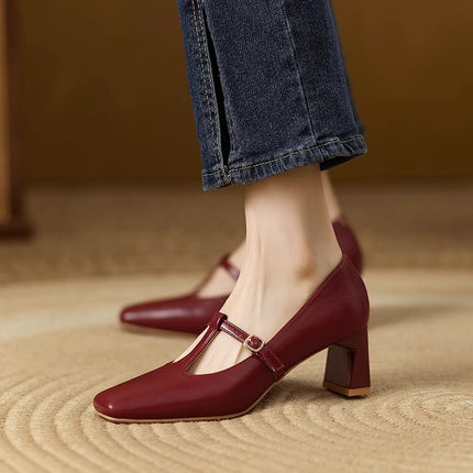 Spring and Summer New Retro Mid-high Heel Bride Wedding Shoes wine red Soft Leather Square Toe Shallow Thick Heel Mary Jane Single-layer Shoes for Women