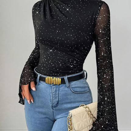 2025 New Cross-Border European and American Mesh Decorative Sequin Black Long-Sleeved Top T-Shirt