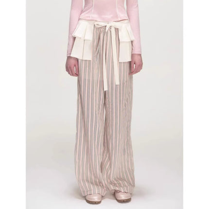 Fake Two Pink Irregular Stripe Loose Drawstring Straight Trousers Ballet Heavy Industry Pleated Fart Curtain