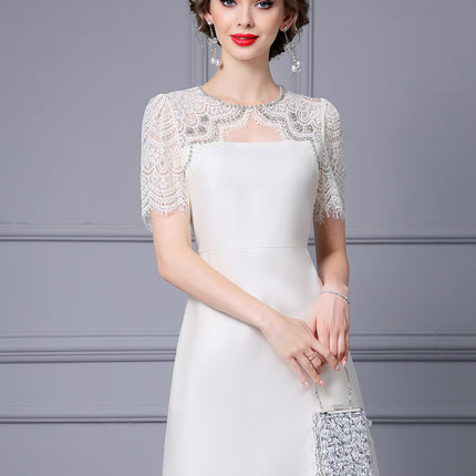 Zhili noble and elegant temperament dress heavy industry nail drill lace stitching short sleeve high waist A- line skirt summer women