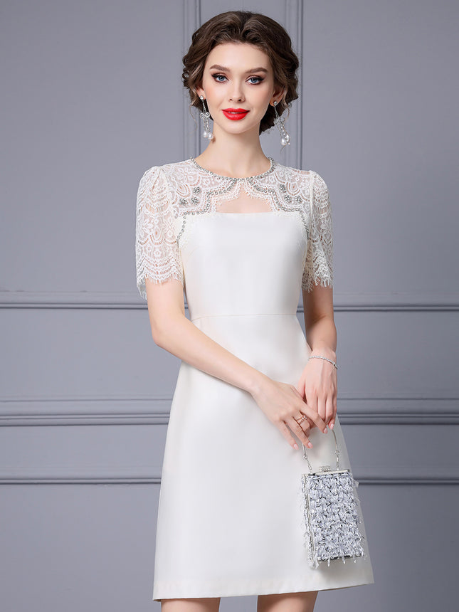 Zhili noble and elegant temperament dress heavy industry nail drill lace stitching short sleeve high waist A- line skirt summer women