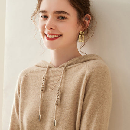 High-grade cashmere sweater women's autumn and winter New hoodie can be worn outside hooded solid color cashmere sweater loose drawstring sweater