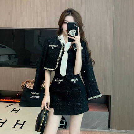 Real Shot Small Chanel Style Dress Autumn Small Hot Girl Two-piece Sling Skirt Short Coat Top