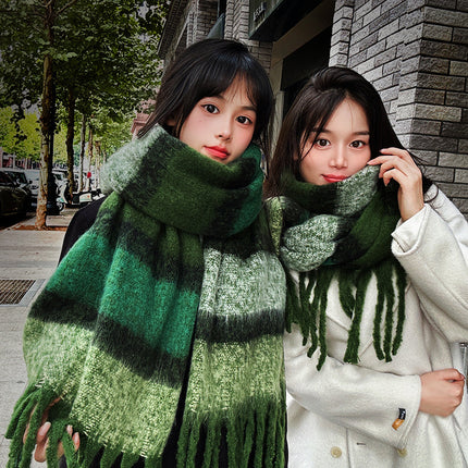 Infinite Forest Green ~ dark blue light blue * green striped tassel scarf Korean style versatile retro scarf for women autumn and winter