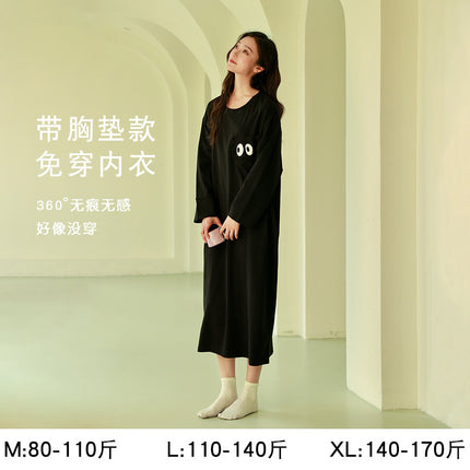 Women's Pure Cotton Long-Sleeved Nightgown, High-End, Black, Large Size, Can Be Worn Outside, Spring and Autumn, Women's Nightgown with Breast Pads