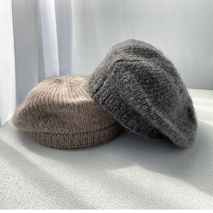 mohair knitted beret children autumn and winter warm big head circumference painter hat solid color wool hat