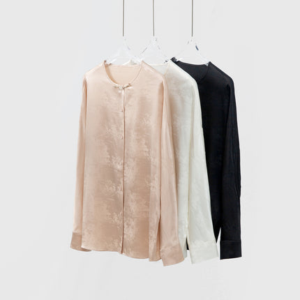 Guofeng Button Silk Jacquard Satin Long-sleeved Top Women's Mulberry Silk Round Neck Loose New Chinese Style Shirt