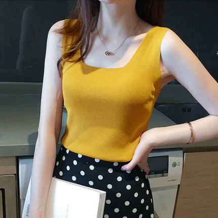 Knitted condole strap ice silk vest women's summer black and white outer wear base shirt square collar slim fit top tide wholesale