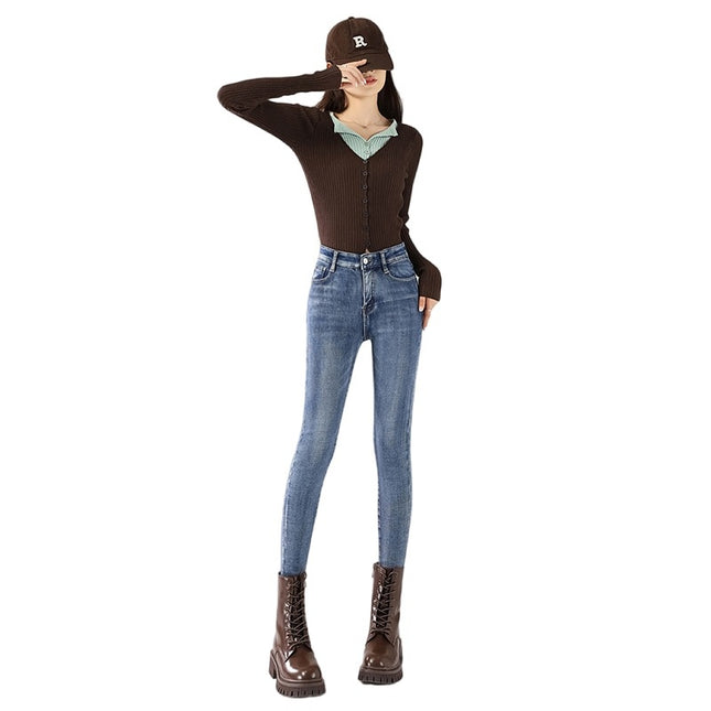 fleece-lined Jeans Women's Autumn and Winter Vintage New High Waist Slim-Fit Slimming Elastic Pencil Tight Thickened Pencil Pants