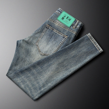 Trendy Retro Blue Cropped Jeans Men's Autumn and Winter Waist Letter Embroidery Stretch Slim-Fit Small Straight Feet Nostalgic Youth
