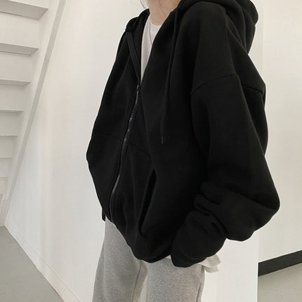 European and American Cross-border Foreign Trade Autumn and Winter Zipper Hoodie Women's Loose Cardigan Top Thickened fleece-lined Solid Color Jacket