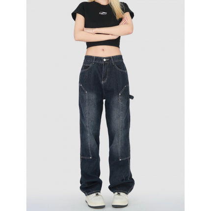 Real Shot of Retro Jeans for Women, High Street High Waist Loose Straight Pants, Wide Leg Drapey Floor Mopping Pants
