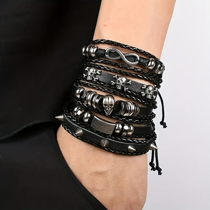 Cross-border European and American Men's Woven Leather Bracelet suit Multi-layer Skull Head Unlimited Symbol Bracelet Leather Bracelet