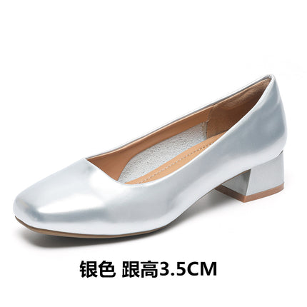 Work Shoes Women's Black Long-standing Not Tired Feet Summer Patent Leather Soft-soled Comfortable Work Professional Middle Heel Thick Heel Single-layer Shoes Women