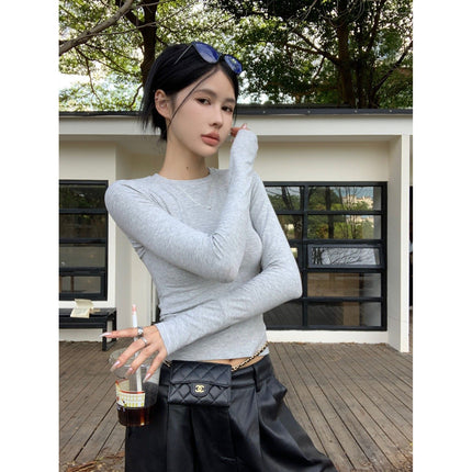 Black Long-Sleeve T-Shirt for Women, New Foreign Trade Style, Slim-Fit Versatile Base Shirt, Women's Versatile Trendy Waist-Cinching Top