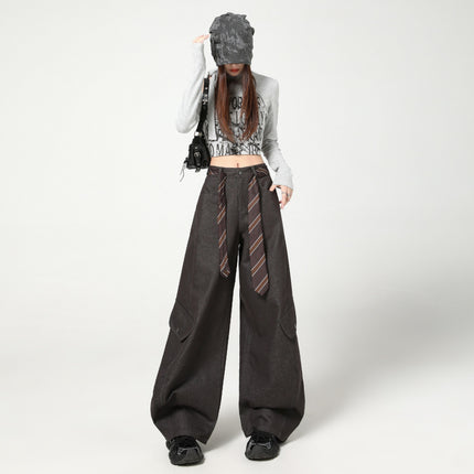 Army Green Silhouette Scimitar Workwear Casual Pants for Women, New Autumn American High Street Loose Drape Wide-Leg Floor-Length Pants