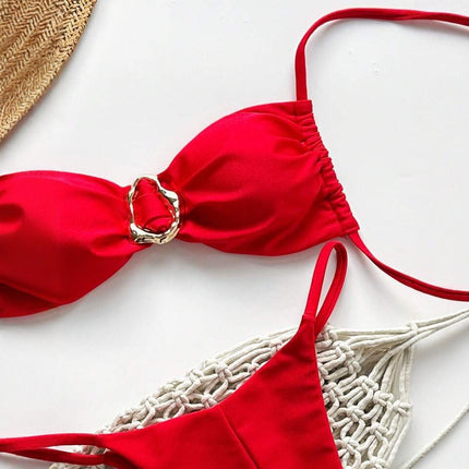 2025 Cross-Border European and American Swimsuit Split Pure Color Glossy Double Fabric Sexy Bikini Bikini Export