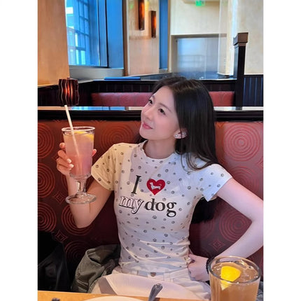 American Retro Shirt Women's Summer Hot Girl Short Hot Girl Dog Paw Short-Sleeved Women's Summer Top