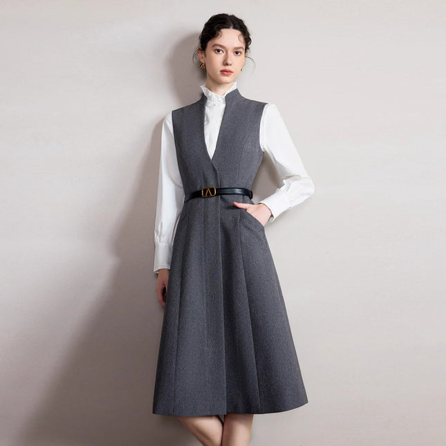 Spring and Autumn Fashion Design Sense Professional Suit dress High-grade Grey Small Vertical Collar Slim Vall Sleeveless dress