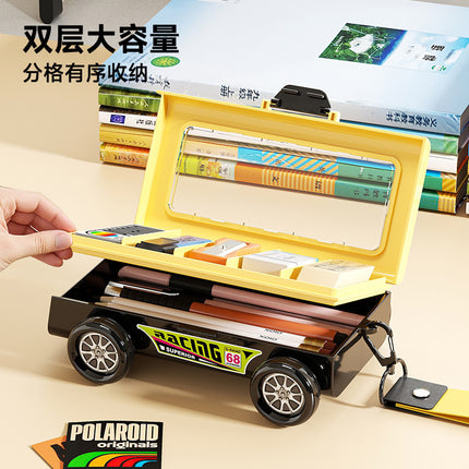 Primary School Student Stationery Box, High-Looking and Durable, Children's Double-Layer Racing Pencil Box, Multi-Functional School Supplies Storage Box