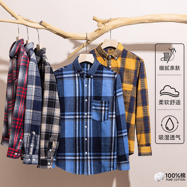 New Spring and Summer Pure Cotton Men's Shirts, Brushed Plaid Long-Sleeved Casual Shirts, Slim Fit, Fashionable and Versatile Tops Wholesale