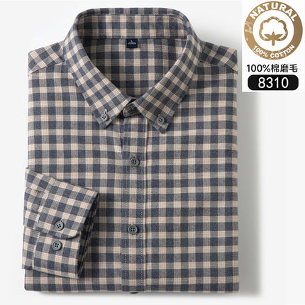 Autumn and Winter New Pure Cotton Brushed Long-Sleeved Shirts for Young and Middle-Aged Plaid Casual Business Men's Shirts Popular on Douyin