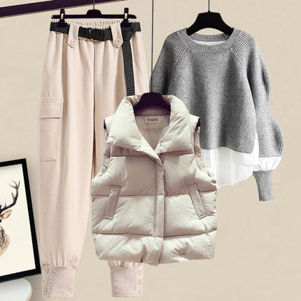 plus size women's autumn and winter suit women's 2024 new style cotton vest top women's slim work pants three-piece set