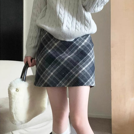 plus size Chubby Women's Woolen Skirt Autumn and Winter Vintage Skirt Women's High Waist A- Line Plaid Hip Skirt Pear-Shaped Figure
