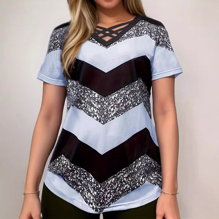 European and American 2025 Amazon TEMU Spring and Summer Explosions Color Crossover V-neck Striped Elegant Casual Short-sleeved T-shirt for Women