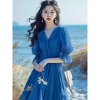 Blue shirt chiffon dress / S