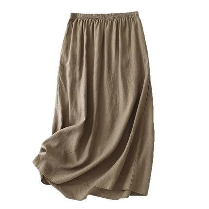 Real Shot of Japanese Style 2025 New Summer Linen Skirt with Elastic Waist, Loose Mid-Length A-Line Retro Simple Skirt