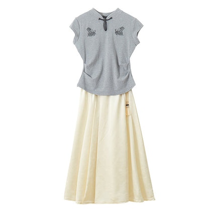New Chinese-style Xi Shi Skirt Spring and Summer Skirt Solid Color Stitching Long National Style Breathable Casual All-match Slimming Large Swing Skirt