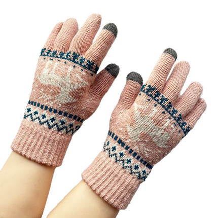 Women's Winter Gloves, Cute, Thickeneded, Cold-Proof, Student Warm Knitted Wool, Cartoon Deer, Five-Finger Touch Screen, Windproof and Split-Fingered